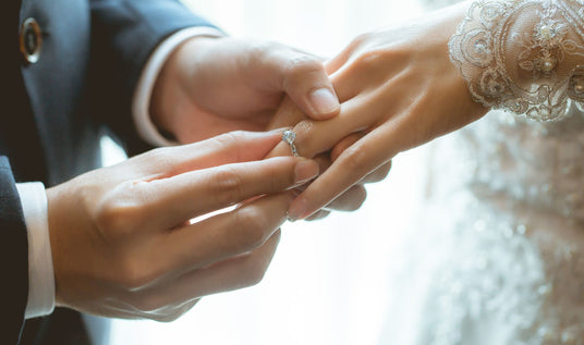 A groom placing a wedding ring on the bride