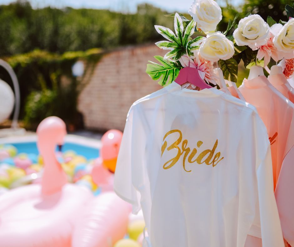 White ‘Bride’ robe near pastel pool floaties and floral accents, capturing a stylish Bachelorette Bash theme by Smart Bride.