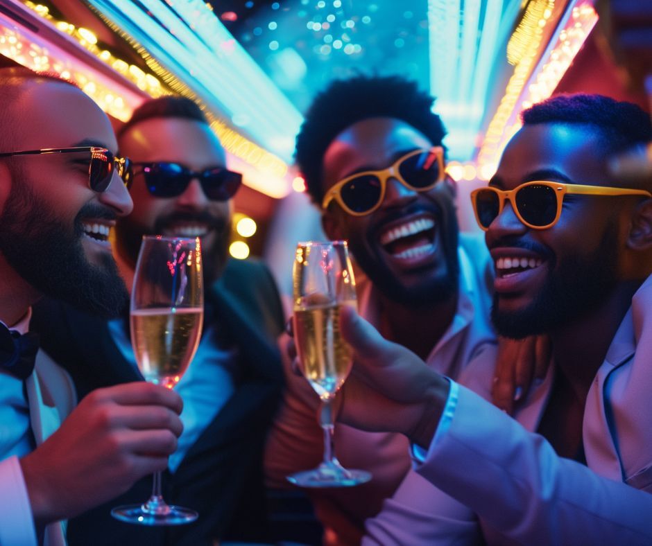 Group of groomsmen partying with champagne in a neon-lit setting, highlighting Bachelor’s Last Fling essentials from Smart Bride.